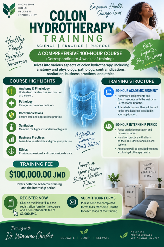 Colon hydrotherapy training course in Jamaica – 100-hour certification with Dr. Winsome Christie covering anatomy, sanitation, business practices, and hands-on LIBBE device internship